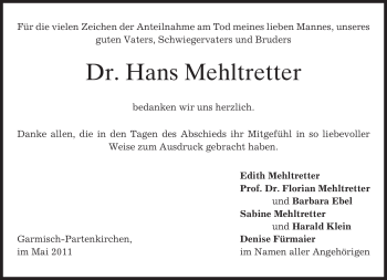 Traueranzeige von Hans Mehltretter von MERKUR & TZ