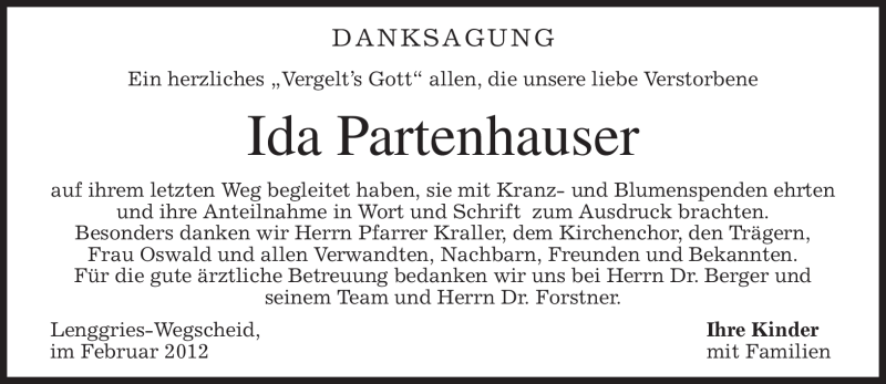  Traueranzeige für Ida Partenhauser vom 11.02.2012 aus MERKUR & TZ
