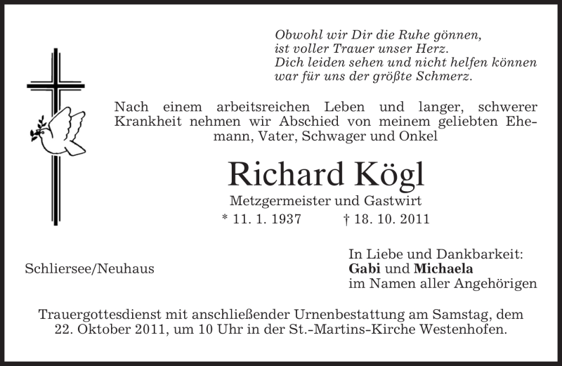  Traueranzeige für Richard Kögl vom 20.10.2011 aus MERKUR & TZ