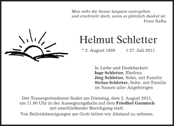 Traueranzeige von Helmut Schletter von MERKUR & TZ