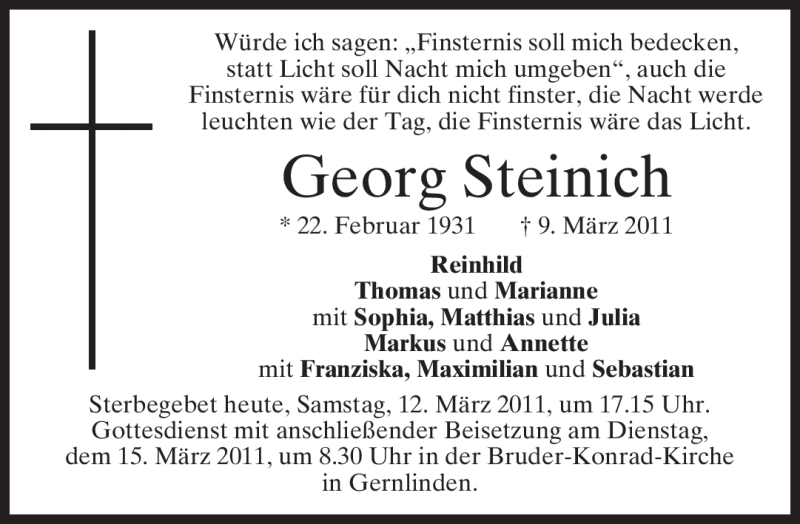  Traueranzeige für Georg Steinich vom 12.03.2011 aus MERKUR & TZ