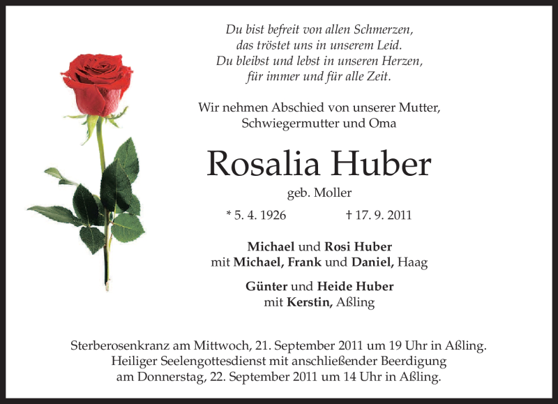  Traueranzeige für Rosalia Huber vom 20.09.2011 aus MERKUR & TZ