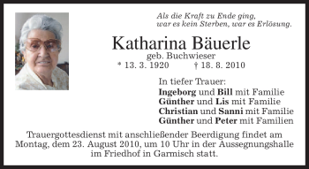 Traueranzeige von Katharina Bäuerle von MERKUR & TZ