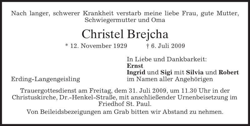 Traueranzeige für Christel Brejcha vom 25.07.2009 aus MERKUR & TZ