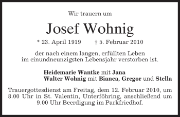 Traueranzeige von Josef Wohnig von MERKUR & TZ
