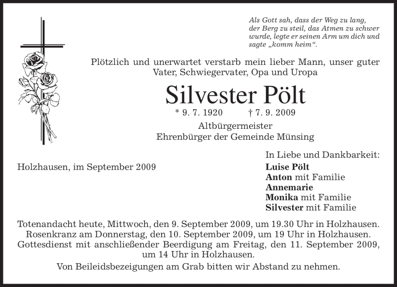  Traueranzeige für Silvester Pölt vom 09.09.2009 aus MERKUR & TZ