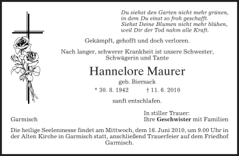 Traueranzeige von Hannelore Maurer von MERKUR & TZ
