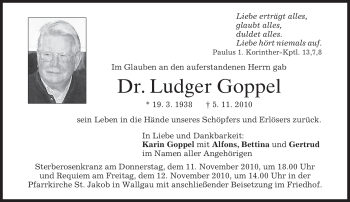 Traueranzeige von Ludger Goppel von MERKUR & TZ