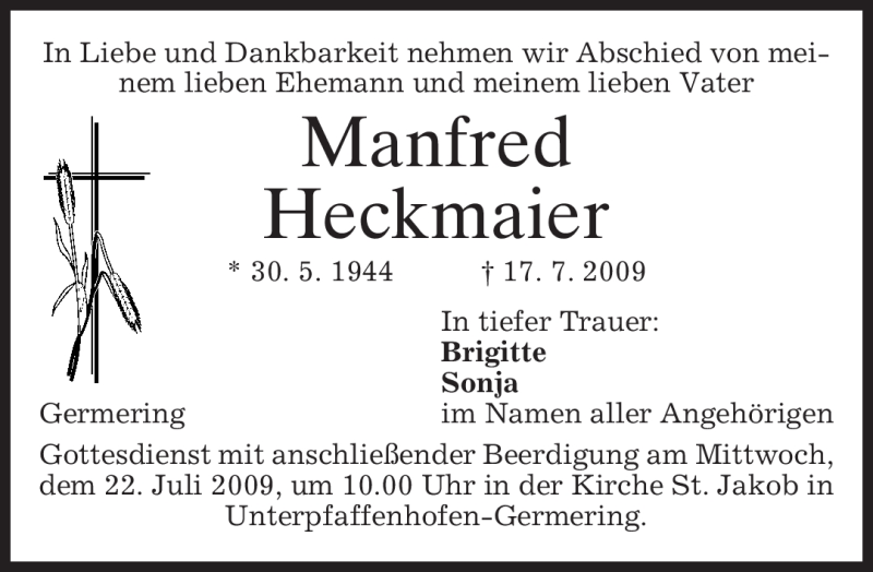  Traueranzeige für Manfred Heckmaier vom 21.07.2009 aus MERKUR & TZ