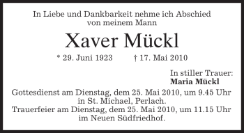 Traueranzeige von Xaver Mückl von MERKUR & TZ