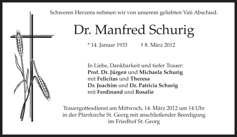  Traueranzeige für Manfred Schurig vom 10.03.2012 aus MERKUR & TZ
