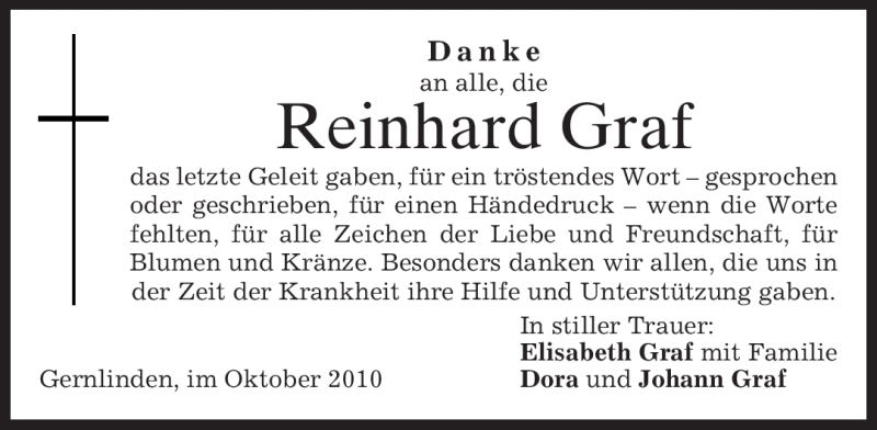  Traueranzeige für Reinhard Graf vom 16.10.2010 aus MERKUR & TZ