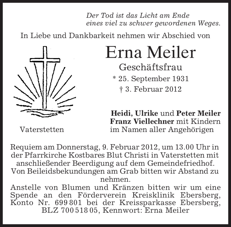  Traueranzeige für Erna Meiler vom 07.02.2012 aus MERKUR & TZ