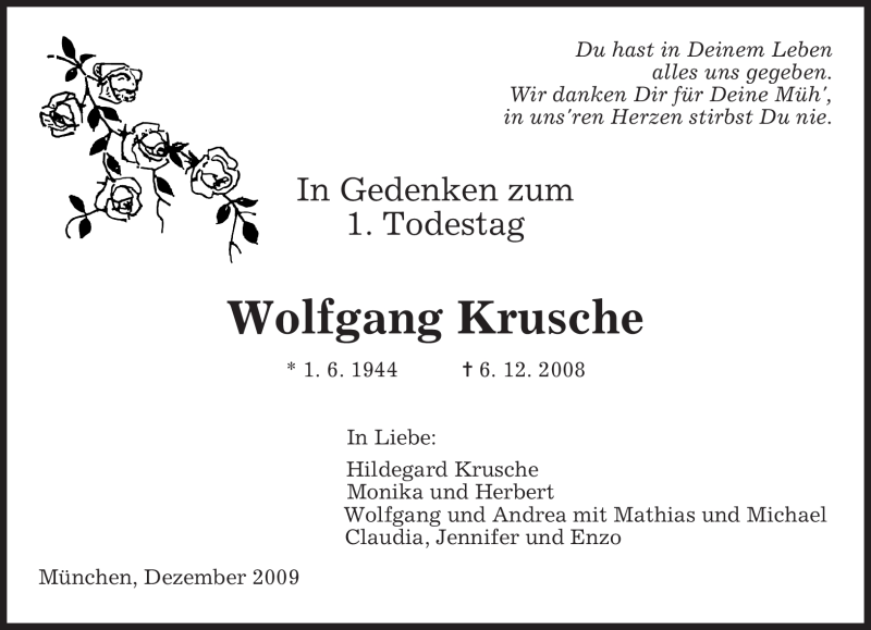  Traueranzeige für Wolfgang Krusche vom 05.12.2009 aus MERKUR & TZ