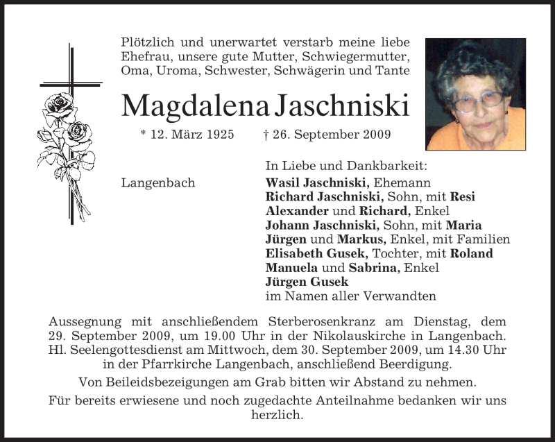  Traueranzeige für Magdalena Jaschniski vom 28.09.2009 aus MERKUR & TZ