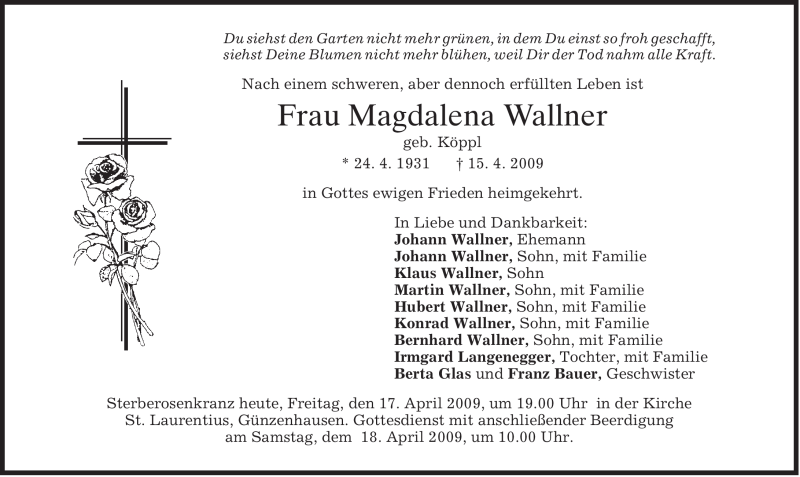  Traueranzeige für Magdalena Wallner vom 17.04.2009 aus MERKUR & TZ
