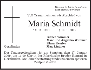 Traueranzeige von Maria Schmidt von MERKUR & TZ