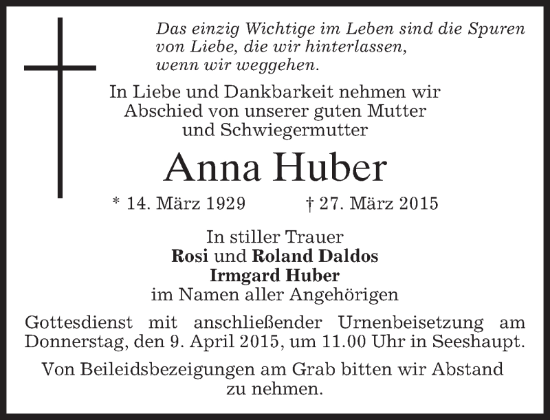  Traueranzeige für Anna Huber vom 04.04.2015 aus merkurtz