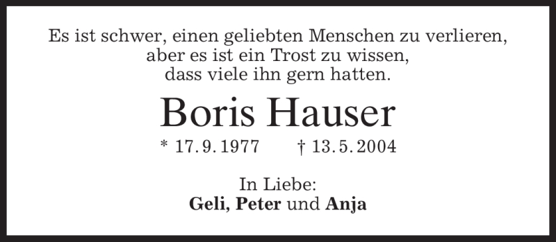  Traueranzeige für Boris Hauser vom 12.05.2010 aus MERKUR & TZ