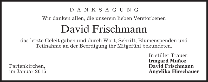  Traueranzeige für David Frischmann vom 24.01.2015 aus merkurtz