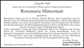 Traueranzeige von Rosemarie Hintermair von MERKUR & TZ