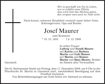 Traueranzeige von Josef Maurer von MERKUR & TZ
