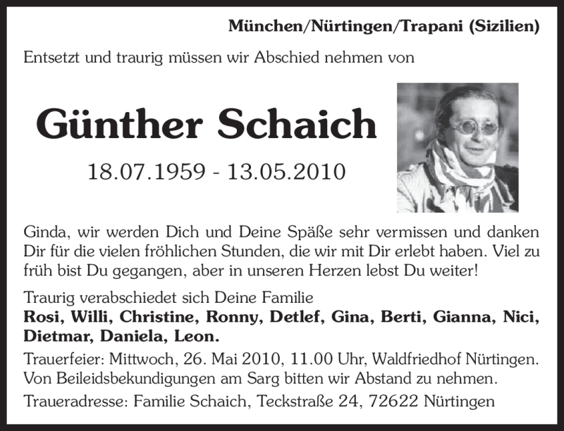  Traueranzeige für Günther Schaich vom 22.05.2010 aus MERKUR & TZ