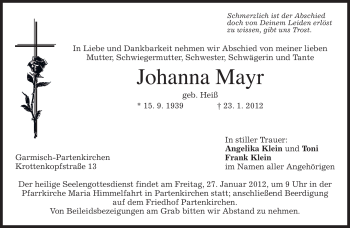 Traueranzeige von Johanna Mayr von MERKUR & TZ