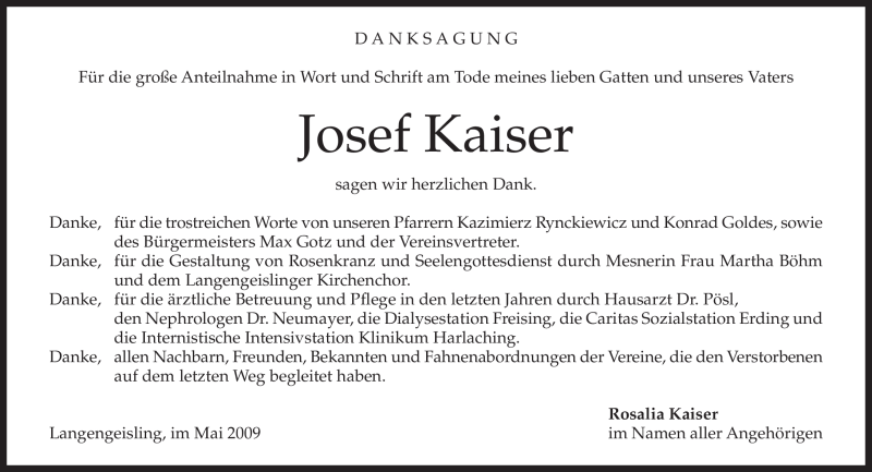  Traueranzeige für Josef Kaiser vom 30.05.2009 aus MERKUR & TZ