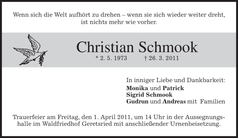  Traueranzeige für Christian Schmook vom 30.03.2011 aus MERKUR & TZ