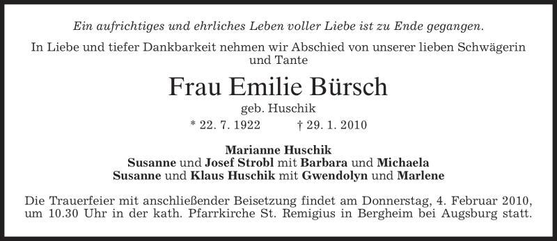  Traueranzeige für Emilie Bürsch vom 03.02.2010 aus MERKUR & TZ