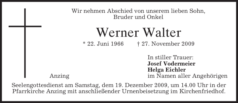  Traueranzeige für Werner Walter vom 12.12.2009 aus MERKUR & TZ