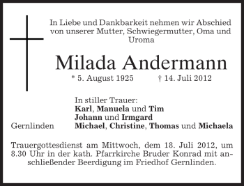 Traueranzeige von Milada Andermann von MERKUR & TZ