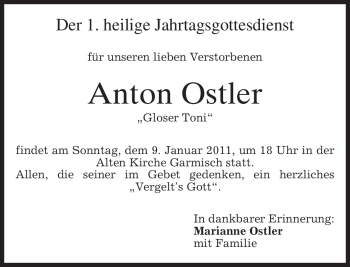 Traueranzeige von Anton Ostler von MERKUR & TZ