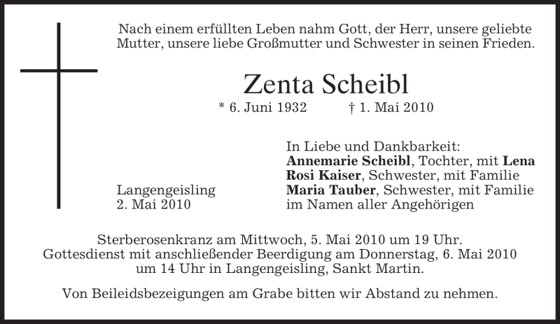  Traueranzeige für Zenta Scheibl vom 04.05.2010 aus MERKUR & TZ