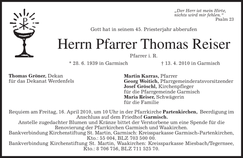  Traueranzeige für Thomas Reiser vom 14.04.2010 aus MERKUR & TZ