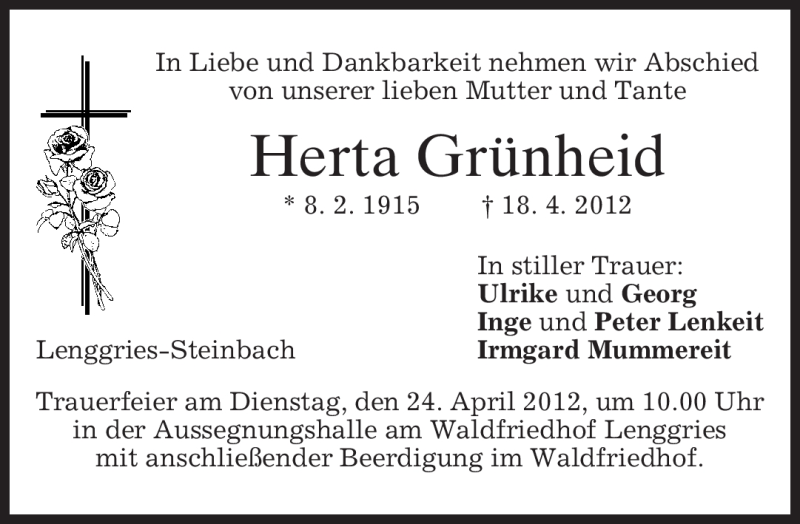  Traueranzeige für Herta Grünheid vom 23.04.2012 aus MERKUR & TZ