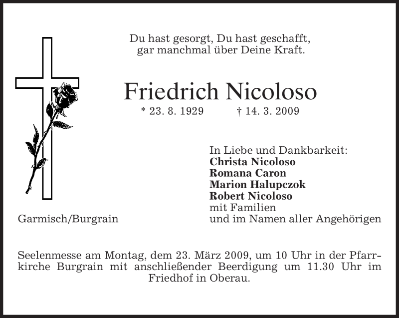  Traueranzeige für Friedrich Nicoloso vom 19.03.2009 aus MERKUR & TZ