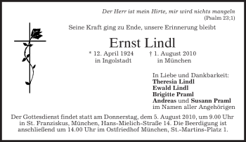 Traueranzeige von Ernst Lindl von MERKUR & TZ