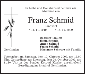 Traueranzeige von Franz Schmid von MERKUR & TZ