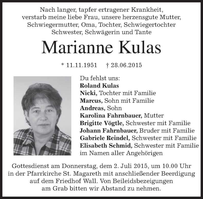  Traueranzeige für Marianne Kulas vom 01.07.2015 aus merkurtz