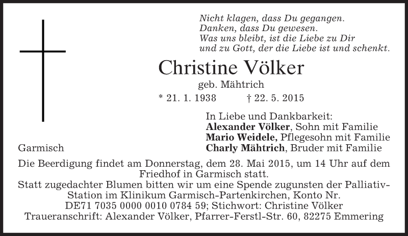  Traueranzeige für Christine Völker vom 27.05.2015 aus merkurtz