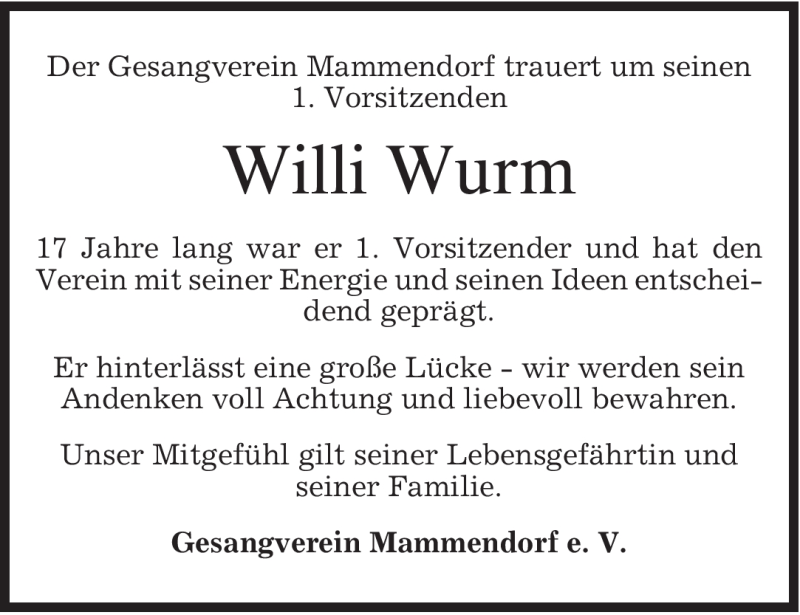  Traueranzeige für Willi Wurm vom 06.11.2008 aus MERKUR & TZ