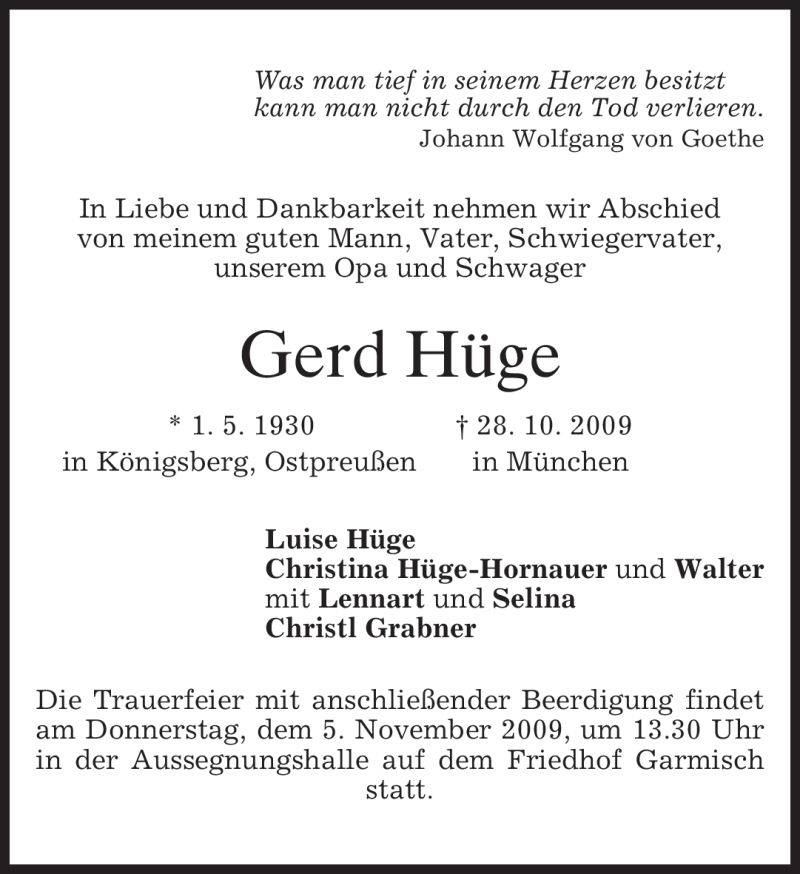  Traueranzeige für Gerd Hüge vom 02.11.2009 aus MERKUR & TZ