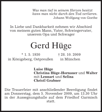 Traueranzeige von Gerd Hüge von MERKUR & TZ