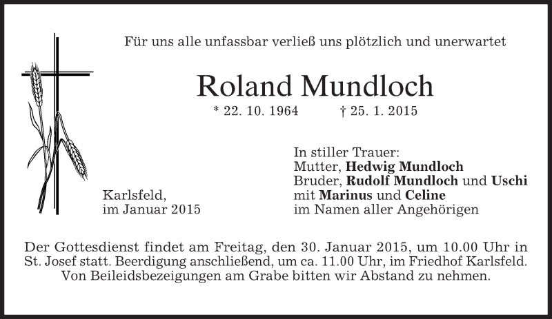  Traueranzeige für Roland Mundloch vom 28.01.2015 aus merkurtz
