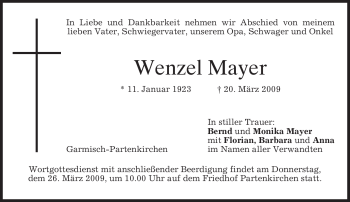 Traueranzeige von Wenzel Mayer von MERKUR & TZ