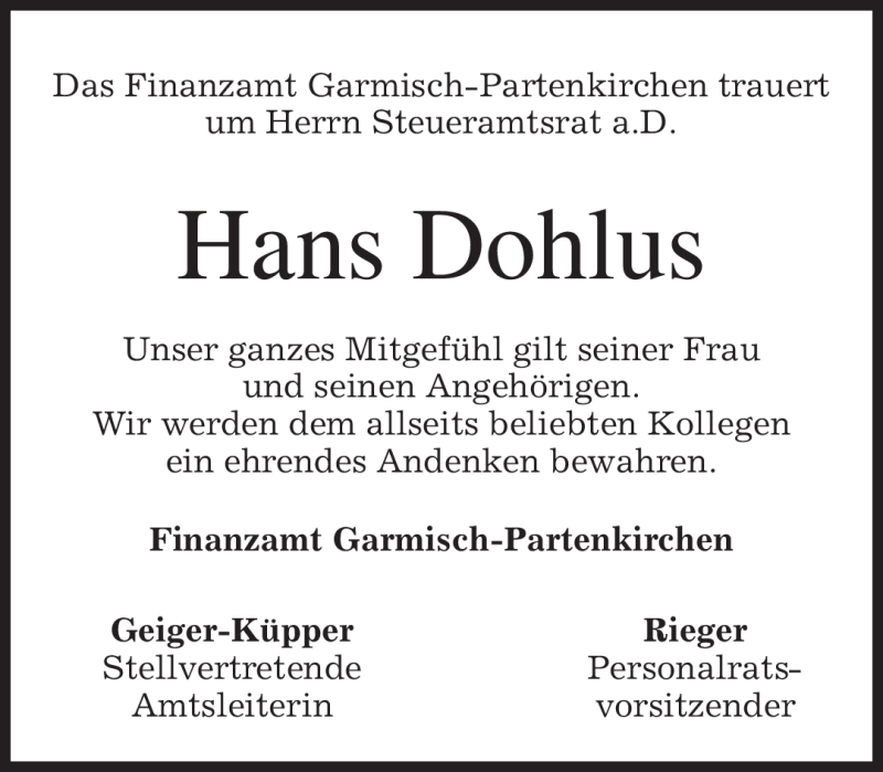  Traueranzeige für Hans Dohlus vom 16.09.2011 aus MERKUR & TZ