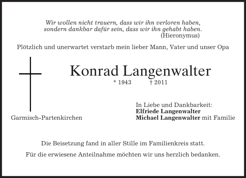  Traueranzeige für Konrad Langenwalter vom 08.10.2011 aus MERKUR & TZ