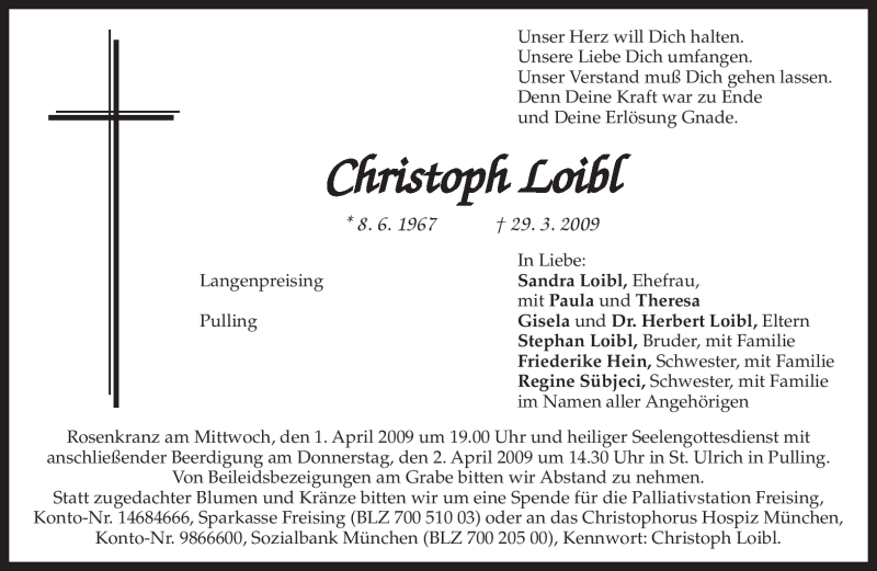  Traueranzeige für Christoph Loibl vom 01.04.2009 aus MERKUR & TZ